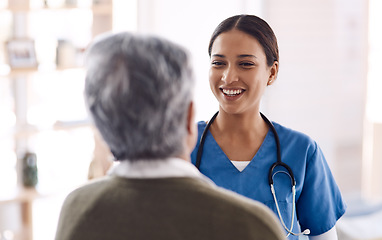 Image showing Healthcare, happy and a nurse talking to an old woman about treatment in a nursing home facility. Medical, smile and a female medicine professional chatting to a senior resident during a visit