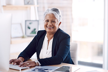 Image showing Portrait, computer and management with a business woman or CEO working in her corporate office. Vision, professional and leadership with a senior female manager at work typing an email or proposal