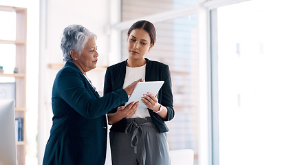 Image showing Teamwork, mentor and business women with tablet for discussion, cooperation and planning. Technology, collaboration and senior manager with female analyst for strategy, training and coaching mockup.