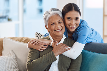 Image showing Smile, portrait and nurse hugging old woman in retirement house, bonding and medical care. Face, hug and elderly person with caregiver in nursing home on living room sofa for health, support or help.