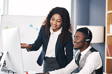Image showing Call center, black people training and with computer at desk in a office with the team coach. Telemarketing or communication, teamwork or collaboration and corporate colleagues discussing together
