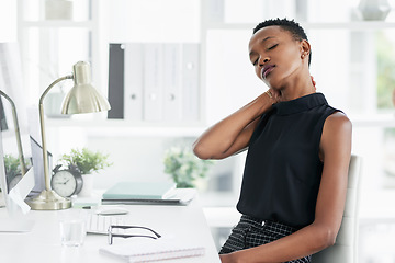 Image showing Business, stress and black woman with neck pain in office with worry, crisis and tension. Burnout, injury and African female person with anxiety, body or spine problem while working online