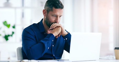 Image showing Stress, thinking and laptop with a business man looking confused while working on a project or proposal in his office. Problem solving, idea and computer with a male employee in doubt at work