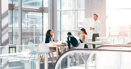 Image showing Teamwork, business and office meeting room with management, people and team, collaboration on corporate work. Group, manager and working together on planning, presentation or company training