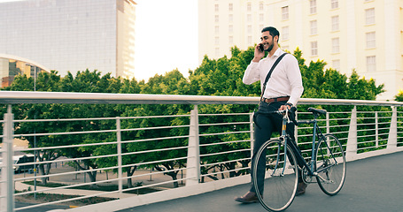 Image showing Phone call, business man and bicycle in city to travel with eco friendly transport. Cellphone, bike and happy male professional talking, speaking and funny discussion while walking on street mockup.