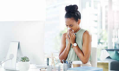 Image showing Sick, allergy and blowing nose with business woman in office for illness, virus and hay fever. Sneeze, allergies and tissue with female employee at desk for cold, disease and influenza infection