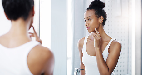 Image showing Morning, mirror and beauty with woman in bathroom for skincare, cleaning and shower. Self care, glow and face with reflection of female person at home for wellness, hygiene routine and grooming