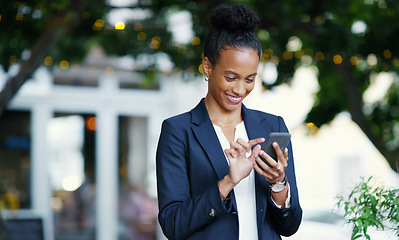 Image showing Search, smile and phone with business woman in city for networking, connection and internet. Communication, technology and contact with person browsing online for social media, email and message