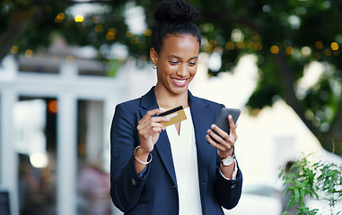 Image showing Credit card, phone and business woman in city for digital payment, investment and finance. Online shopping, banking app and fintech with female customer for ecommerce, retail and savings