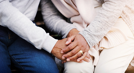 Image showing Holding hands, senior couple and support while together for empathy, love and care in marriage. Closeup of elderly man and woman with hope, respect and communication or kindness outdoor in retirement