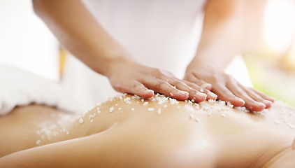 Image showing Spa, salt and woman hands massage client for skin care, self love and luxury stress relief for the body to relax. Scrubbing, beauty and person in a dermatology salon to exfoliate for wellness