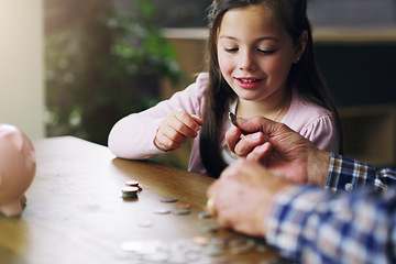 Image showing Money, piggy bank and coins with child and grandfather for savings, investment and learning. Growth, cash and future with young girl and old man in family home for generations, finance and support