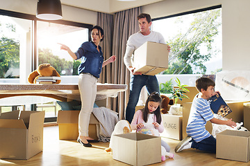 Image showing Moving, box and help with family in new house for property, investment and renting. Future, teamwork and real estate with parents and children in living room of home for relocation and homeowner