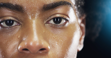 Image showing Eyes, fitness and portrait of woman with sweat on dark background for workout, exercise and training. Health, wellness and face zoom of female person with dedication, motivation and focus for sports