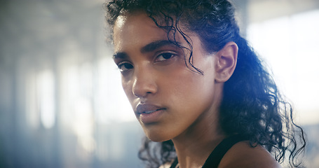 Image showing Sweating, woman and face taking a break from fitness, exercise and workout with mockup. Gym, Indian female person and serious portrait of an athlete after sports and wellness club training for health