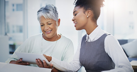 Image showing Coaching, tablet and help with business women in office for website, research and teamwork. Collaboration, idea and training with employees in meeting for technology, connection and brainstorming