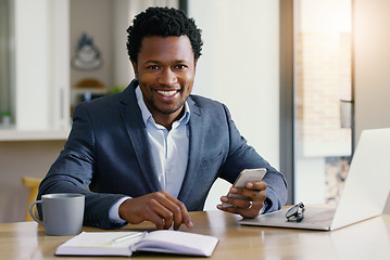 Image showing Freelancer, black man and portrait with phone and smile from online investment job. Work from home, happiness and investor employee in house with mobile communication and internet research at desk