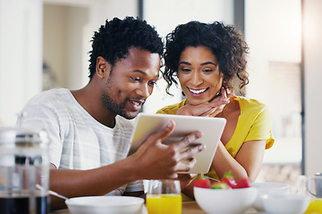 Image showing Online, morning and breakfast with couple and tablet for social media, news and app. Happy, love and smile with man and woman browsing together at home for internet, technology and communication