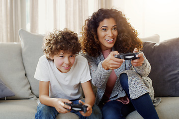 Image showing Mother, son and controller with happiness for gaming on sofa with competition, contest or playing together in house. Mom, boy and online games on living room couch with excited face in family home