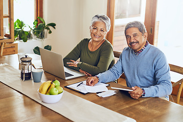 Image showing Portrait, budget and senior couple with bills, paperwork and finance documents for life insurance. Retirement, planning and happy elderly man and woman on laptop for pension, payment and investment