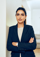 Image showing Business woman, portrait and arms crossed of a lawyer employee at a law firm. Focus, company worker and female person with confidence and proud from professional attorney job and work success