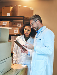 Image showing Tablet, box and pharmacy with people and checklist for shipping, cargo or medical supplies. Digital, inventory and delivery with man and woman in storage room for medicine, healthcare and drugs store