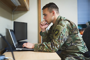 Image showing Laptop, thinking and military man with security software, online research and law academy in office. Planning, soldier or young army person on computer, internet search or website information check