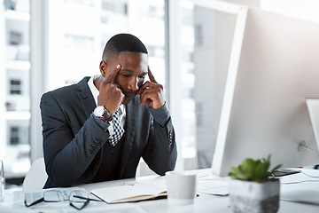 Image showing Corporate black man, headache and stress in workplace with burnout, depression and pain in office. Male professional at desk, migraine and tired person, overworked with anxiety and business crisis