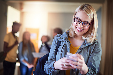 Image showing Phone, woman and happy student in university, texting and social media online. Cellphone, college and female person typing, web scroll or internet browsing, research and mobile app for education.