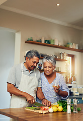 Image showing Cooking, old man and woman with wine in kitchen, healthy food and marriage bonding together in home. Drink, glass and vegetables, senior couple with vegetables, meal prep and wellness in retirement.