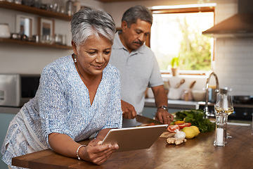 Image showing Senior couple, tablet and cooking in kitchen with healthy food, online search and app for nutrition in home. Digital recipe, old woman and man in house with meal prep, wellness and retirement diet.