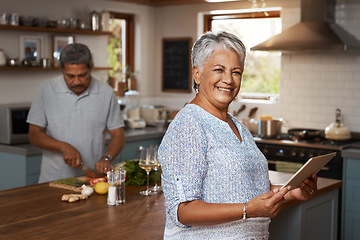 Image showing Portrait of old woman at kitchen counter with man, tablet and cooking healthy food together in home. Digital recipe, smile and senior couple with meal prep, happiness and wellness diet in retirement.