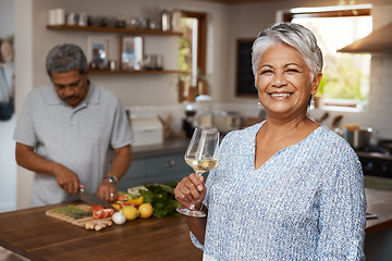 Image showing Portrait of senior woman with wine, man and cooking healthy food in kitchen together in home. Drink, smile and old couple in house with meal prep, happiness and wellness diet for lunch in retirement.