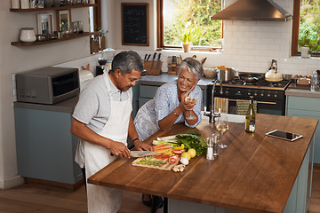 Image showing Happiness, cooking old man and woman with wine in kitchen, healthy food and bonding time together in home. Drink, glass and vegetables, senior couple with vegetable meal prep and diet in retirement.