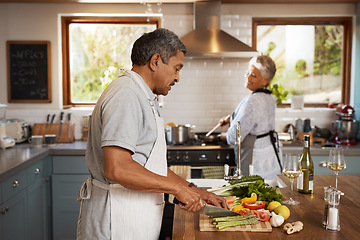 Image showing Cooking, vegetables and old man with woman in kitchen, happiness and healthy bonding time in home. Marriage, love and food, senior couple with meal prep for vegetable dinner with retirement wellness.