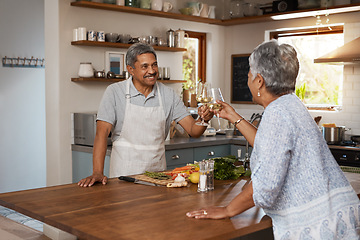 Image showing Portrait of old woman in kitchen with man, tablet and cooking healthy food together in home. Digital recipe, smile and senior couple in house with meal prep, happiness and wellness diet in retirement