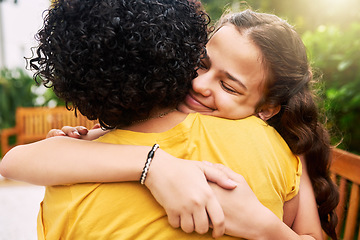 Image showing Care, love and friends hug for support, trust and happy together in outdoor garden or park with happiness. Woman, girl and people connect in solidarity and reunion with a smile, young and excited