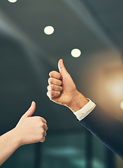 Image showing Hands of business men with thumbs up in office for feedback, good news and agreement. Corporate workplace, teamwork and workers with gesture for thank you, support and yes sign for winner approval