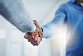 Image showing Business people, partner and handshake in meeting, insurance agent welcome and introduction, agreement and success. Professional men or clients shaking hands for agency, interview or partnership deal