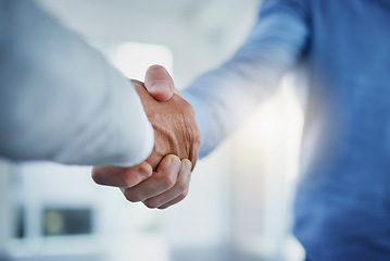 Image showing Business people, handshake and clients in meeting, insurance agent welcome and introduction, agreement or success. Professional men shaking hands for thank you, hiring interview or partnership deal