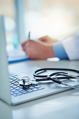 Image showing Computer, stethoscope and doctor hands writing on clipboard, healthcare information and research for insurance. Paperwork, documents and checklist of medical professional at desk on laptop and notes