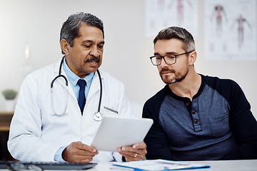 Image showing Results, talking and doctor with a man and tablet for consulting, advice and help with health. Planning, medicine and a mature hospital worker speaking to a patient about medical service on tech