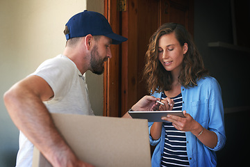 Image showing Woman, delivery man and box with tablet to sign for order, parcel or cargo package in transport service. Female person receiving shipment from male courier, supply chain or ecommerce purchase at home