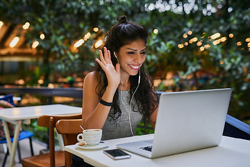 Image showing Woman, laptop and on a video call at a cafe or freelance tutor or lecturer on online conference and meeting. Communication, female teacher and working remotely or learning or web and at coffee shop.