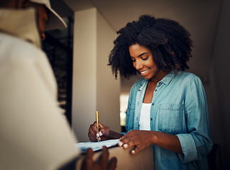 Image showing Woman, man and front door with package, sign or e commerce for shipping service with smile at house. African girl, box or happy for supply chain, courier or logistics with mail, signature and paper