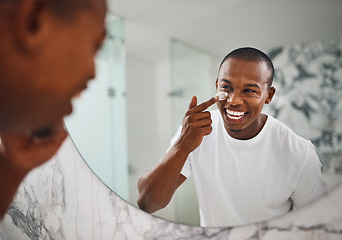 Image showing Happy, skincare and mirror with black man in bathroom for beauty, morning and grooming. Cleaning, hygiene and self care with reflection of person and cream at home for facial, natural and wellness