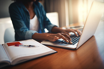 Image showing Elearning woman hands, typing and laptop with education and learning notes at home. Student, female person and computer working with paperwork, notebook and writing in a house doing web research