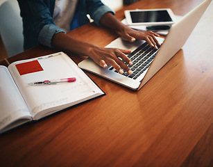 Image showing Woman hands, typing and laptop with work from home and learning notes. Student, female person and computer working with paperwork, notebook and writing in a house doing web research with mockup