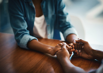 Image showing Empathy, kindness and support with friends and holding hands for comfort, understanding and gratitude. Hope, help and trust with closeup of people at home for depression, praying and forgiveness