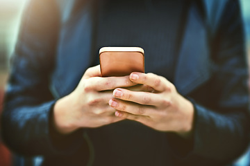 Image showing Social media, hands and phone for texting, internet scroll and web browsing. Cellphone, hand and woman networking, online scrolling and messaging, chat website and mobile app with technology outdoor.